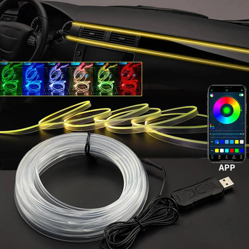 Car Interior Atmosphere Light Ambient LED Light Strip RGB Invisible USB Fiber Optic Lamp Trim Decor support APP Control